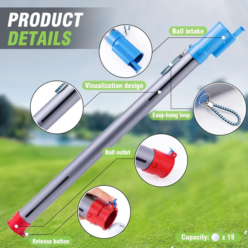Golf Ball Retriever Golf Ball Pick Up and Ball Setting Tube,Dual Function Golf Ball Retriever,Lightweight Golf Ball Picker Upper Tube,Aluminum Alloy Golf Ball Picker Upper Tube，Holds 19 balls