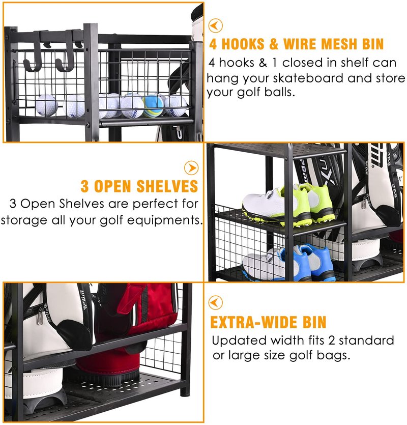 SNAIL Extra Large Golf Bag Rack Stand Holder - Fits 2 Bags & Accessories, Metal Black Garage Storage