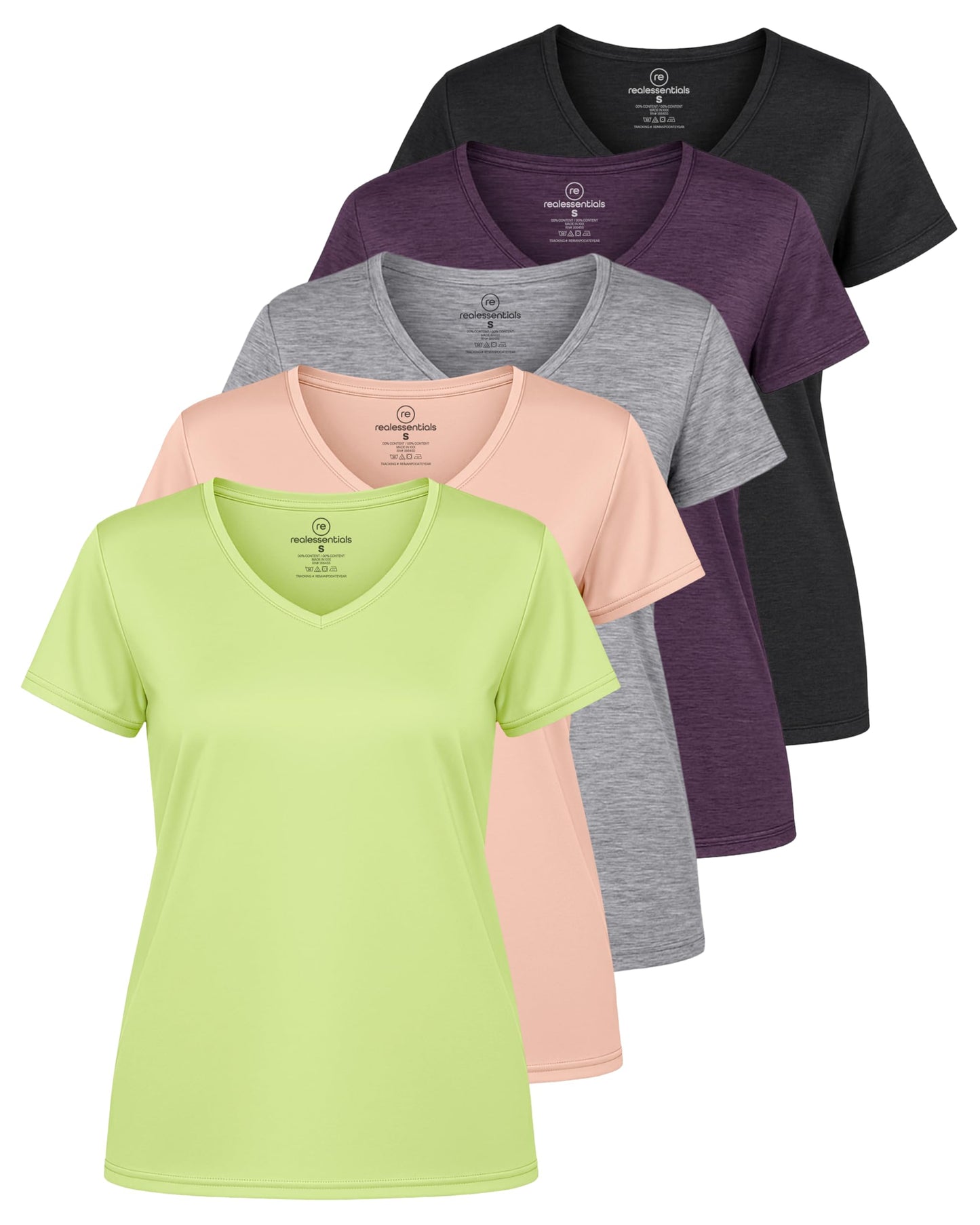 Real Essentials 5 Pack: Women's Dry-Fit Short Sleeve V Neck T Shirt Workout Fitness Yoga Top Tee, Set 11, XL