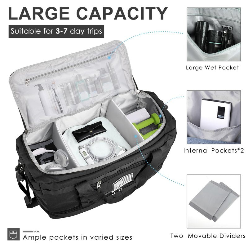 ETRONIK Travel Bag for Men Women, Gym Bag & Tactical Duffle Bags for Travel, Carry on with Toiletry Bag and Shoe Compartment, Weekender Overnight Trip with Wet Pocket for Workout Medical, Black