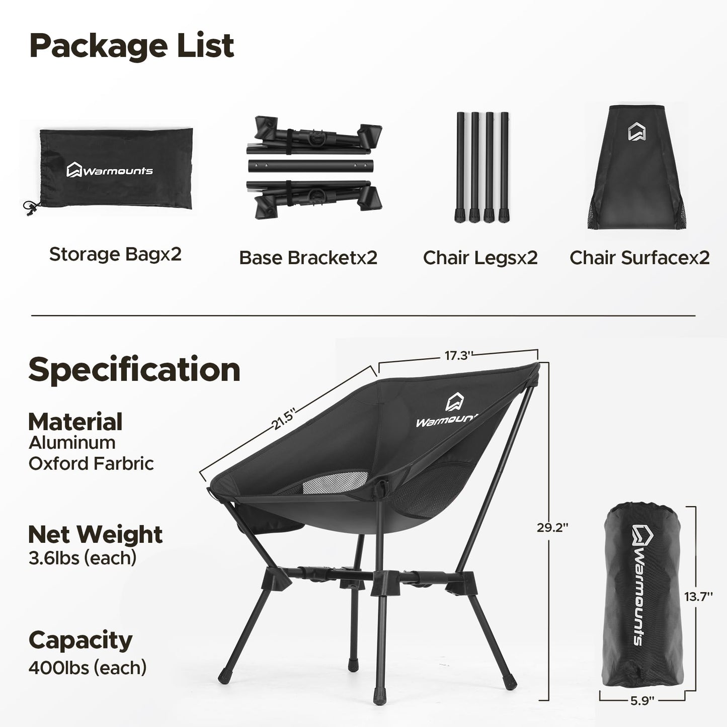 WARMOUNTS Ultralight Camping Chair Backpacking, Compact Folding Camp Chair w/Side Pocket, Portable Camping Chair w/Storage Bag for Hiking, Travel, Beach, Fishing, Support 400lbs, 2Pack