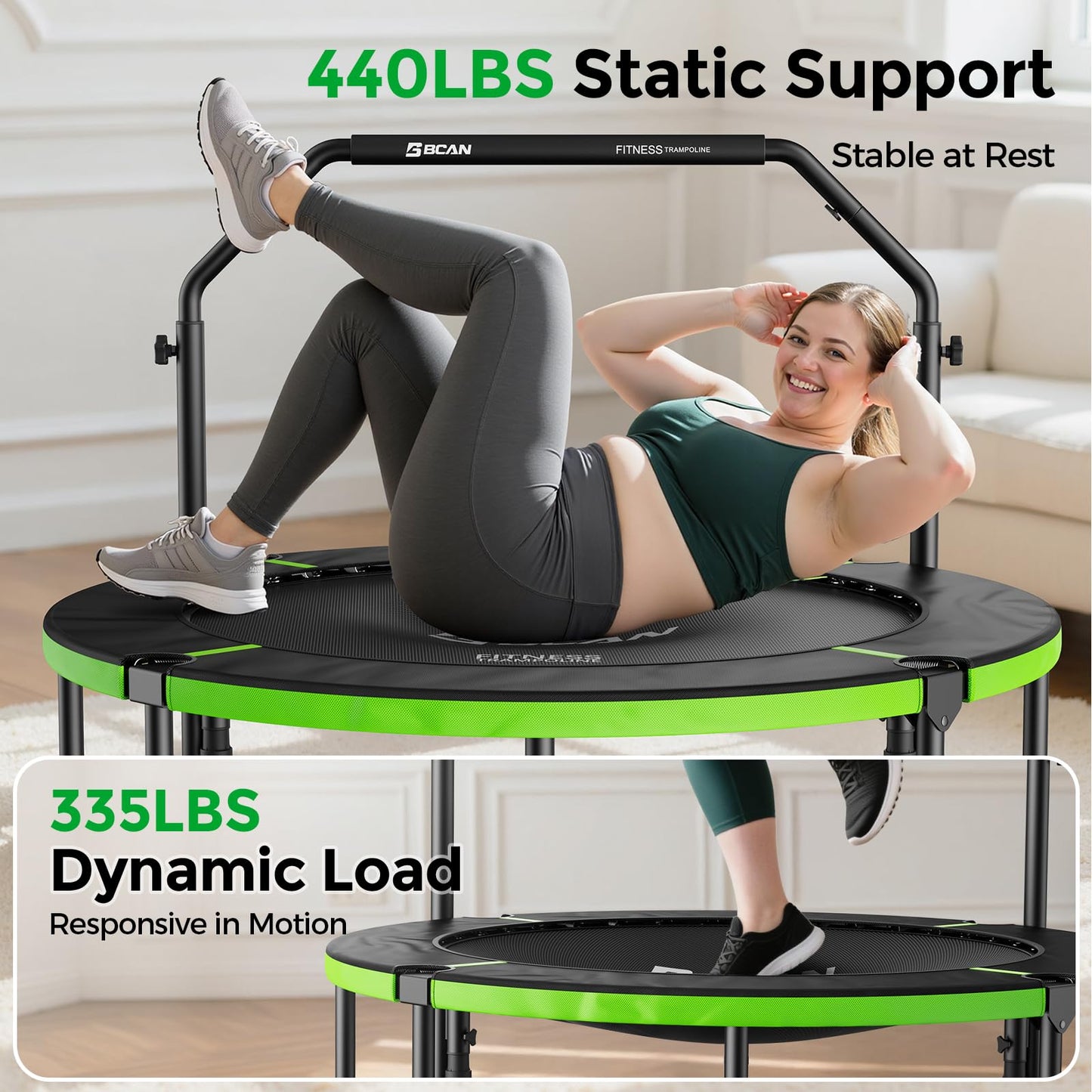 BCAN SP3 40"/48" Foldable Mini Trampoline, Rebounder Trampoline for Adults, U/T Adjustable Foam Handle, Exercise Rebounder for Adults Indoor/Garden Workout, Max Load 330lbs/440lbs-48U-Green