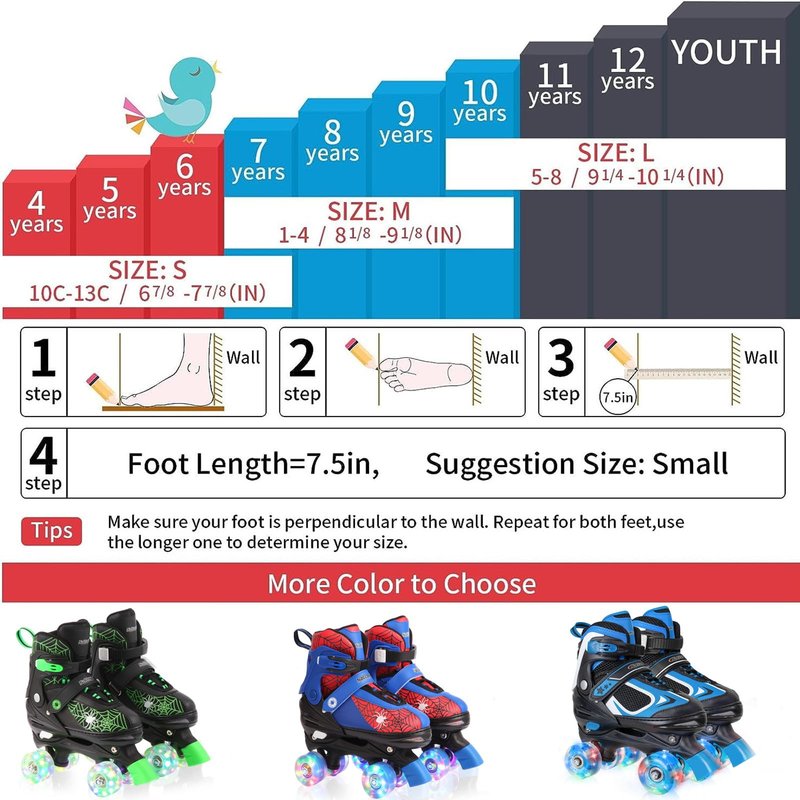 Nattork Kids Roller Skates for Boys Girls, 4 Sizes Adjustable Quad Skates with Light up Wheels,Birthday Gift for Boys Kids Beginners Indoor Outdoor Blue S