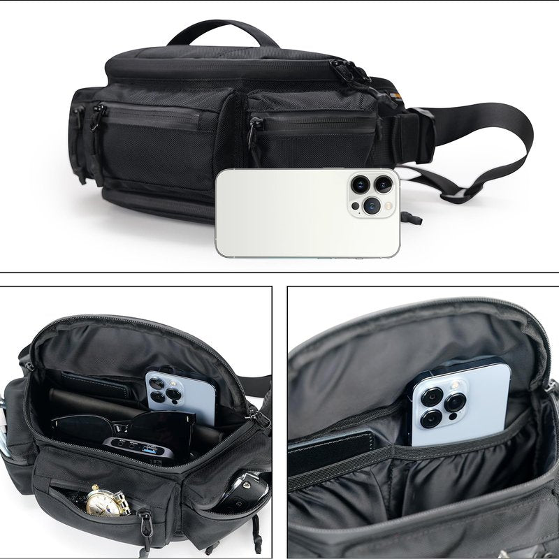 reeyee N10 Utility Cycling Waist Pack, 6.5L Expandable Motorcycle Hip Bag, 840D CORDURA Water-Resistant Sling Bag with Quick-Release Magnetic Buckle & Reflective Zipper for Hiking, Commuting - Black