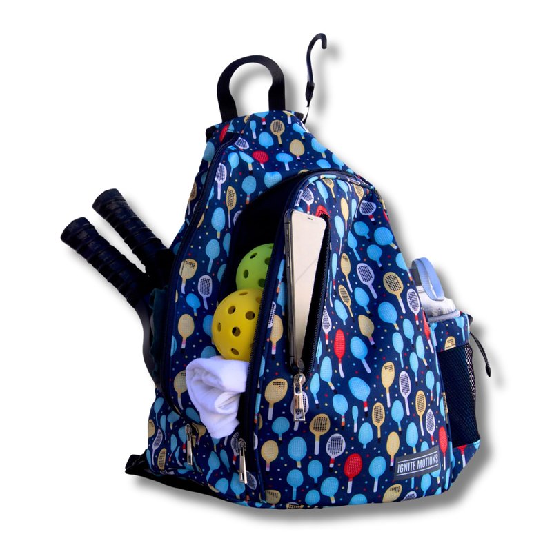 Ignite Motions Pickleball Bag – Sling Backpack with Fence Hook, Reversible Strap & Large Ball Pocket (Fits 2–4 Paddles) (Paddles)
