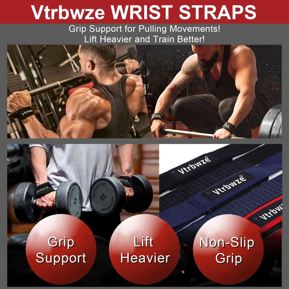 Vtrbwze Gym Lifting Straps for Weightlifting & Deadlift - Non-Slip Silicone Grip, Padded Wrist Support for Bodybuilding, Workout & Strength Training, Unisex Design for Men & Women (black)