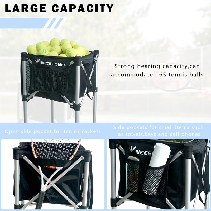 NEESEEYEE Portable Tennis Ball Hopper Tennis Ball Basket with Wheels Basket Hold Up to 160 Racquetball, Pickleball, Baseball, Badminton