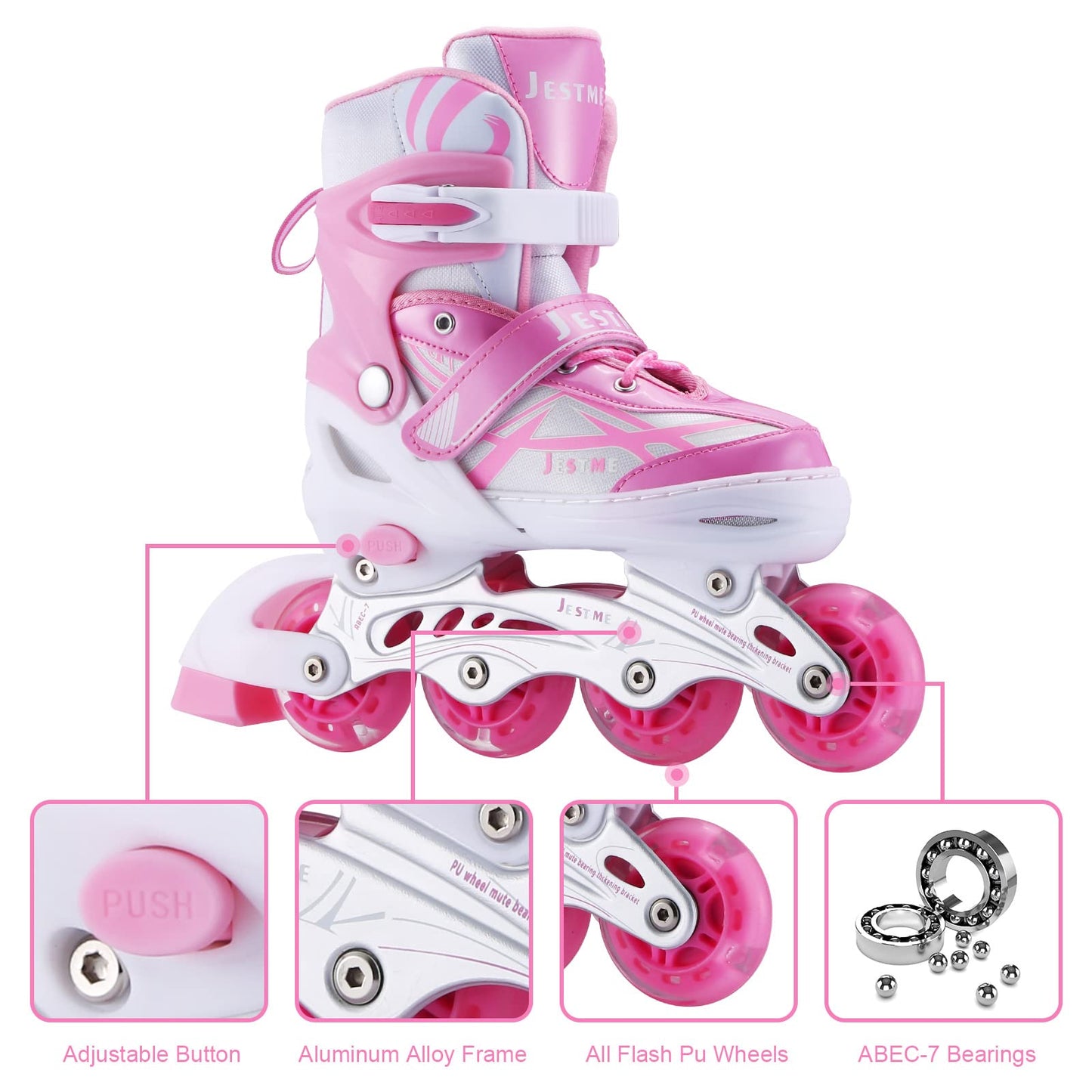 Adjustable Inline Skates for Girls Boys Beginners, Kids Roller Skates with All Illuminating Wheels (Pink, Small-Little Kids(11J-1US))