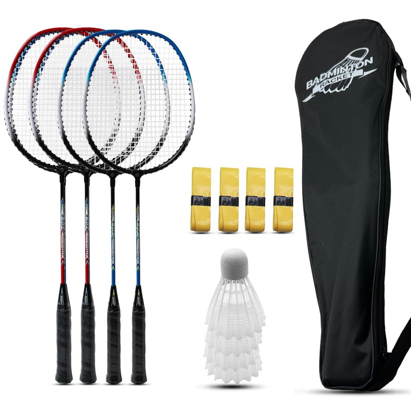 Magicorange Badminton Rackets Set of 4 for Outdoor Backyard Games, Including 4 Racquets,4 Shuttlecocks, 4 Replacement Grip Tapes & 1 Carry Bag (Blue+Red)