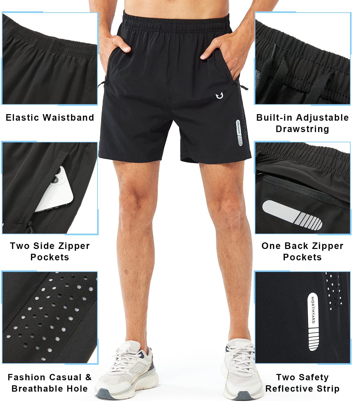 NORTHYARD Men's Athletic Running Shorts Gym Workout 7"/9"/5" Quick Dry Lightweight Sports Basketball Tennis 3 Zipper Pockets Black-5inch 2XL