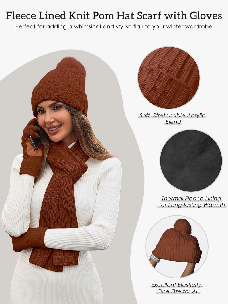 Women's Winter Beanie Hat Scarf Gloves Set,Fleece Lined Knit Pom Hat Long Scarf with Touchscreen Gloves Gifts for Women,Brown