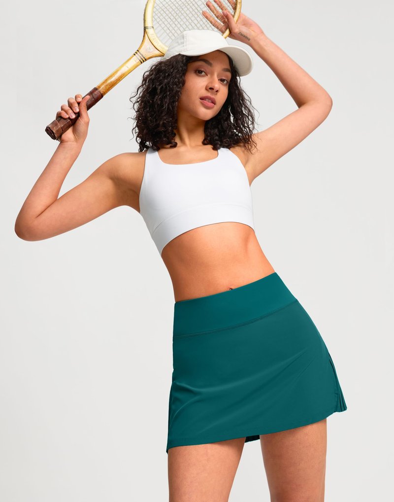 SANTINY 14" Tennis Skirt Skorts for Woman Pleated High Waited Skirts with Built-in Shorts Athletic Golf Skort (Dark Teal_M)