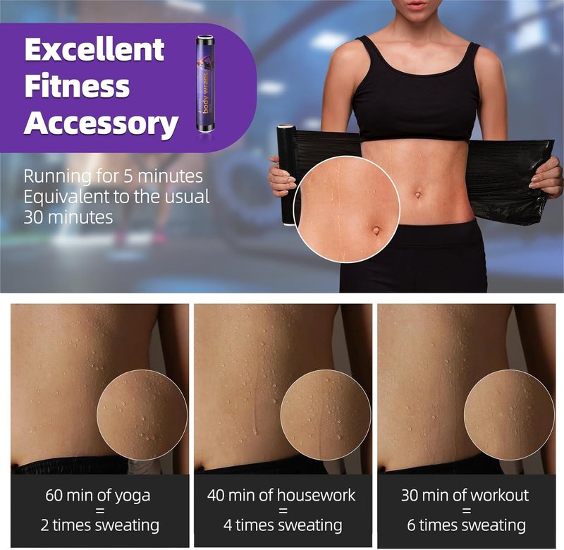 Black Osmotic Plastic Body Wrap - 60 Meters Workout Sweat Enhancer | 3 Rolls for Stomach Slimming