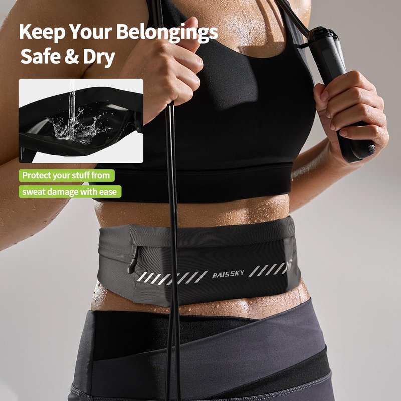 Kebrela Slim Running Belt Fanny Pack for Men Women, Running Phone Holder, Waist Pack Runners Bag Money Belt with 3 Separate Pouch to Store Your Phone Key Money Safe, Waist Bag-Black