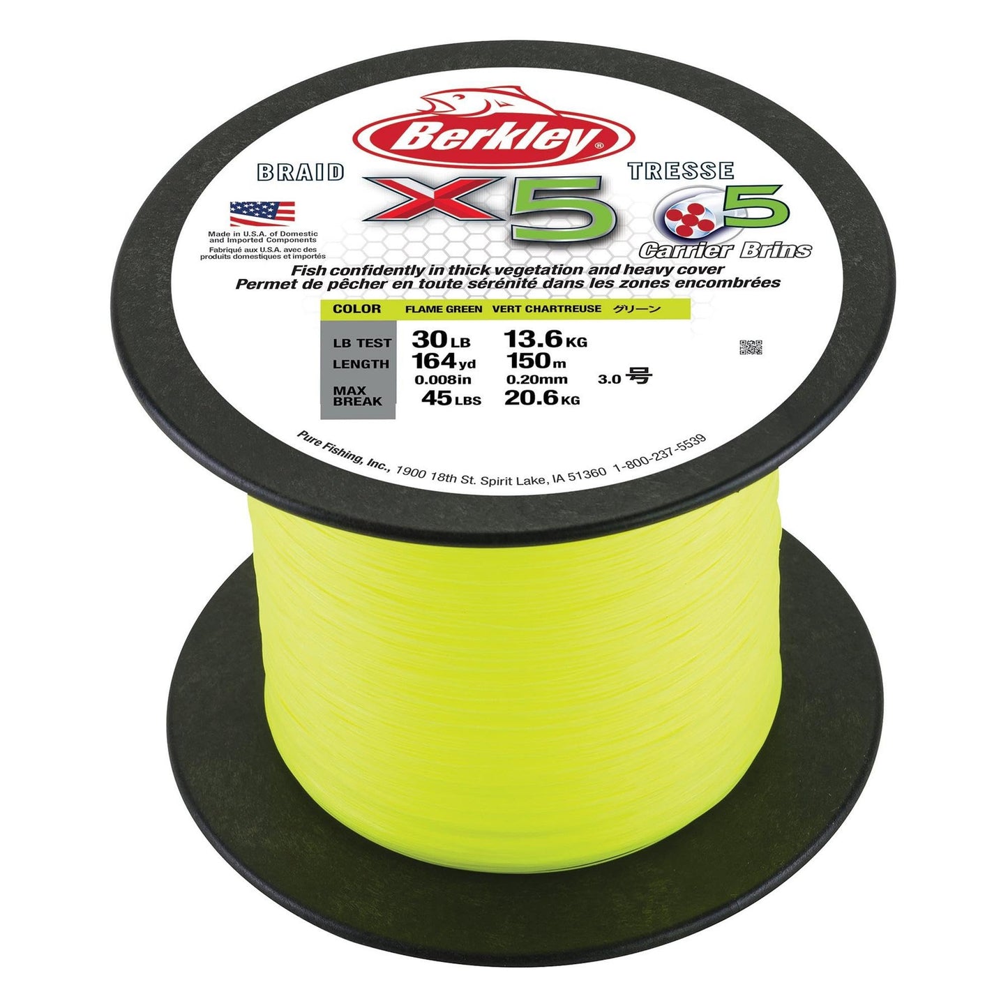 Berkley x5 Braid Superline, Low-Vis Green, 30-Pound Break Strength, 328yd Fishing Line, Suitable for Freshwater and Saltwater Environments