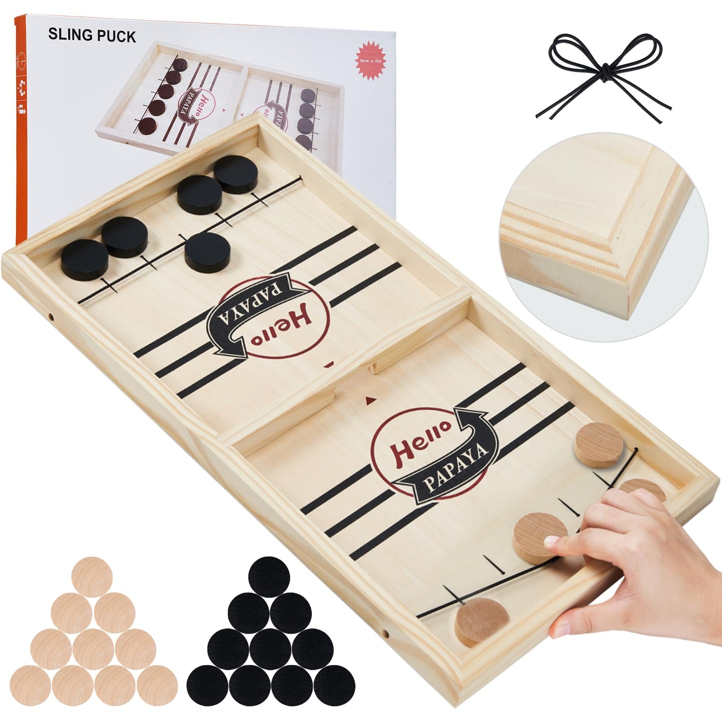 HELLO PAPAYA Fast Sling Puck Game - Test Your Speed and Accuracy with This Fast-Paced Wooden Air Hockey Desktop Battle Board Game - Guaranteed Fun Gifts for Family Night or Friends Party
