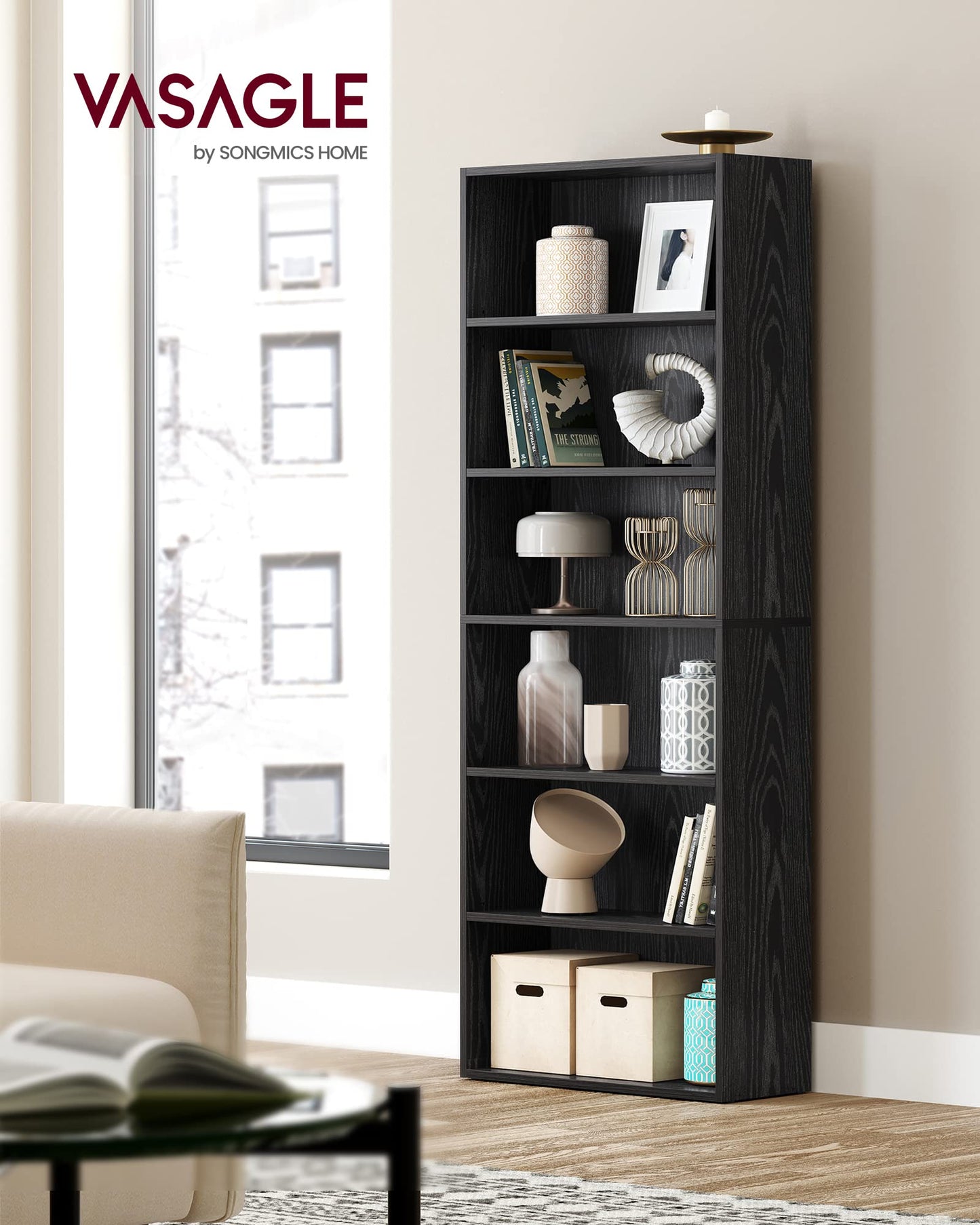 VASAGLE CUSTOS Collection - Bookshelf, 6-Tier Bookcase, Book Shelf, Open Storage Shelf, 9.4 x 23.6 x 63.3 Inches, for Living Room, Home Office, Dinning Room, Ebony Black ULBC166T56