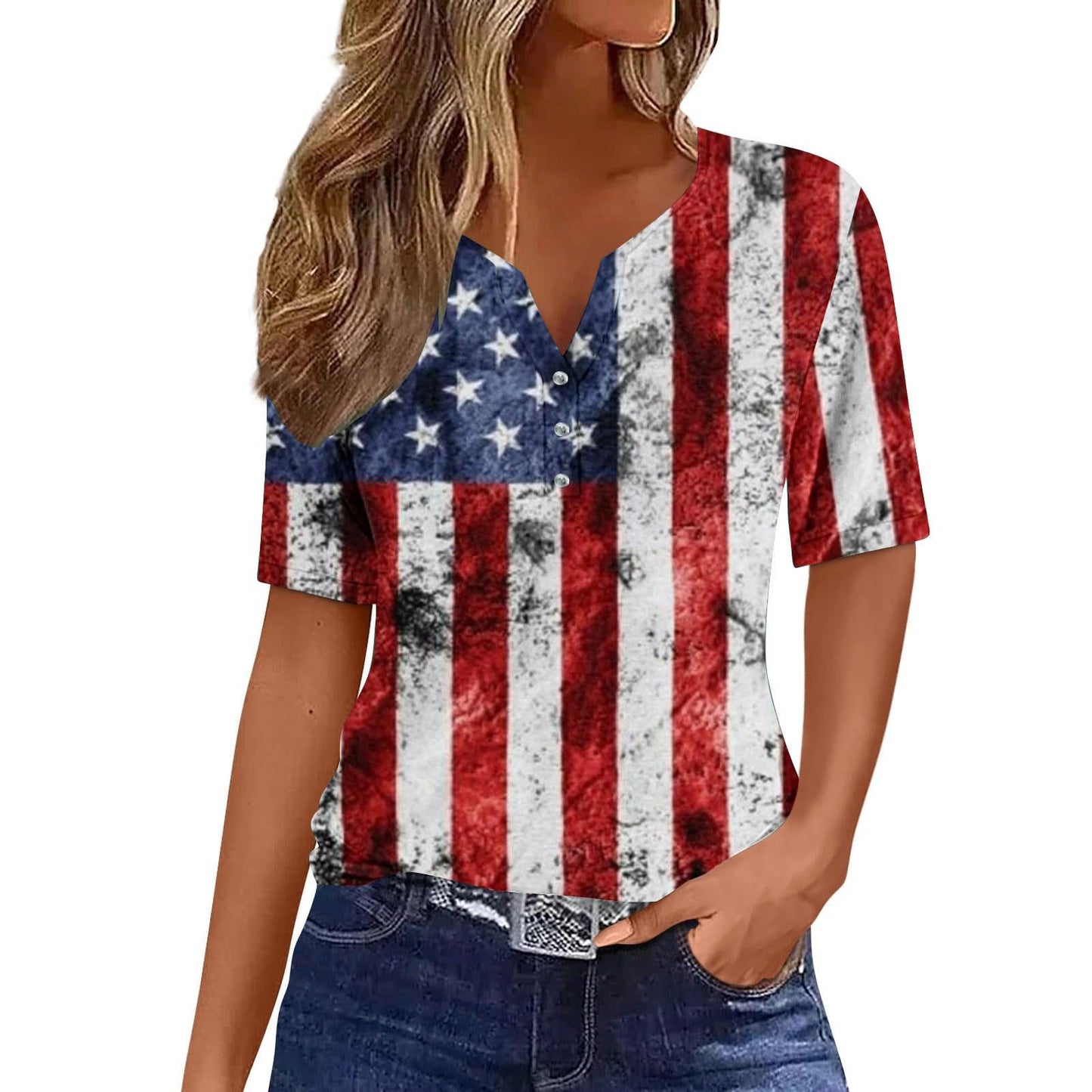 Aboser 4th of July Outfits for Women 2024 July 4th Shirts for Women American Flag Tops Summer Short Sleeve Tshirts Button V Neck Tees 2024 Patriotic Blouses 4th of July Shirt