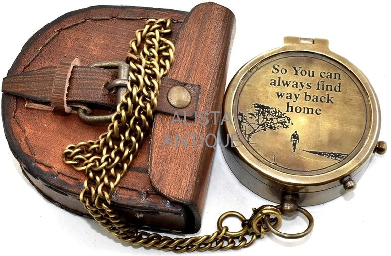 “So You Can Always Find Your Way Back Home” Antique Brass Pocket Compass with Leather Case for Couple | Birthday Gifts | Christmas Day Gift Compass | Hiking Compass