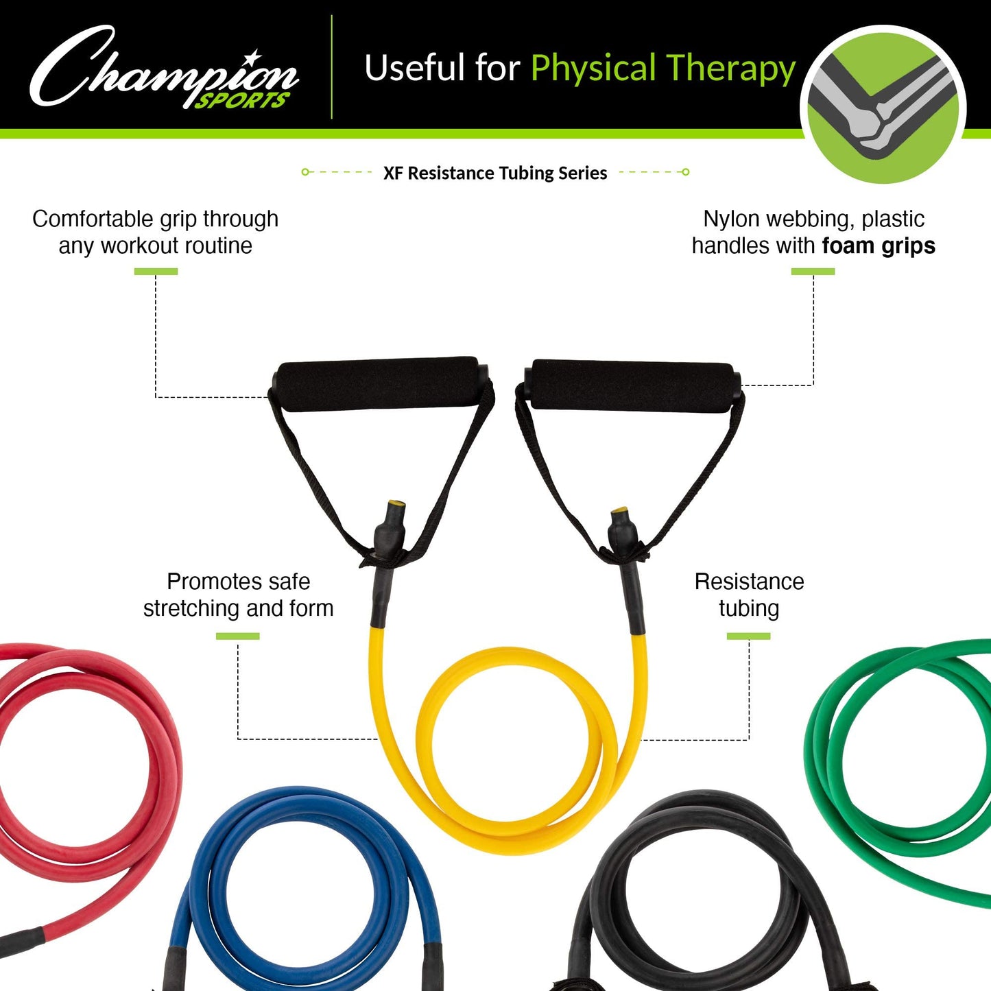 Champion Sports XF Resistance Tube Bands for Men and Women, Extra Light Resistance, Yellow - Durable Fitness Band for Strength Training, Stretching, Rehabilitation - Premium Home Workout Equipment