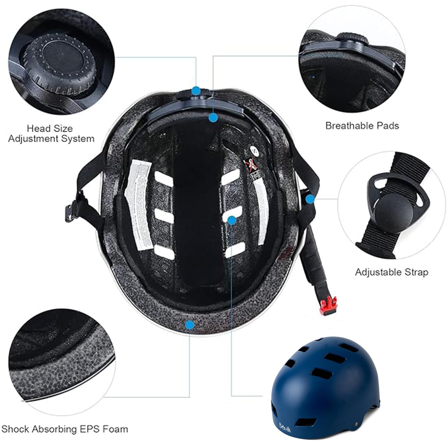 Bike Helmet 3 Sizes for Teenager Kids Youth Adults,Bavilk Skateboard Helmet Adjustable Multi-Sport Bicycle Cycling Scooter Roller Skate Inline Skating Rollerblading for Girls Boys Women Men Teen