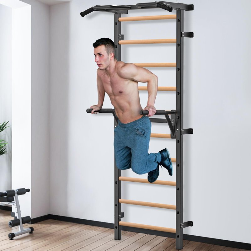 Kipika Gymnastic Stall Bar - 2"x2" Swedish Ladder with 1" Hole, Wall Mounted Pull-up Bar Ladder Suspension Trainer, Solid Wood Grips Gymnastics Training Bar for Home, Wall Gym, School
