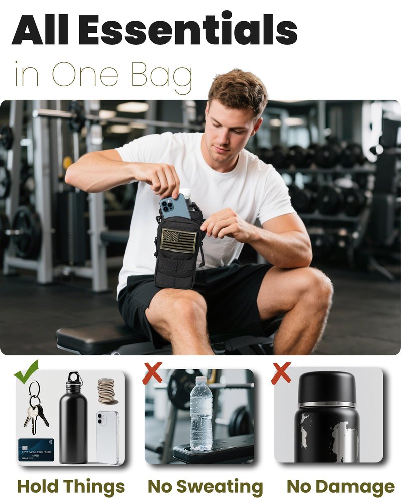 DEFUNX 32 Oz Water Bottle Holder with Strap Gym Accessories for Men Bottle Carrier Bag with Phone Pocket MOLLE System for Walking All Black