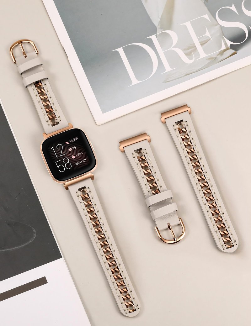 Minyee Leather Band Compatible with Fitbit Versa 2/Fitbit Versa/Versa Lite Bands Women, Dressy Premium Leather Designer Strap with Stainless Steel Metal Chain for Versa 2 Watch, Starlight/Rose Gold