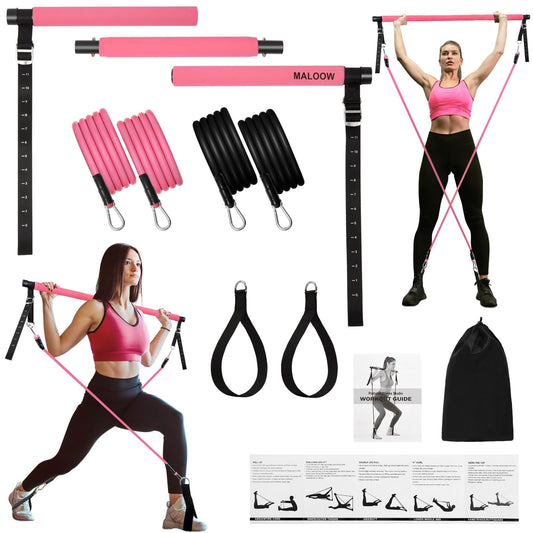 MALOOW Adjustable Pilates Bar Kit with Resistance Bands,Portable Yoga Exercise Sticks&2 Sets Stackable Resistance Bands for Toning Muscle.Stretched Fusion Pilates Home Gym,Full Body Workout,(Pink)