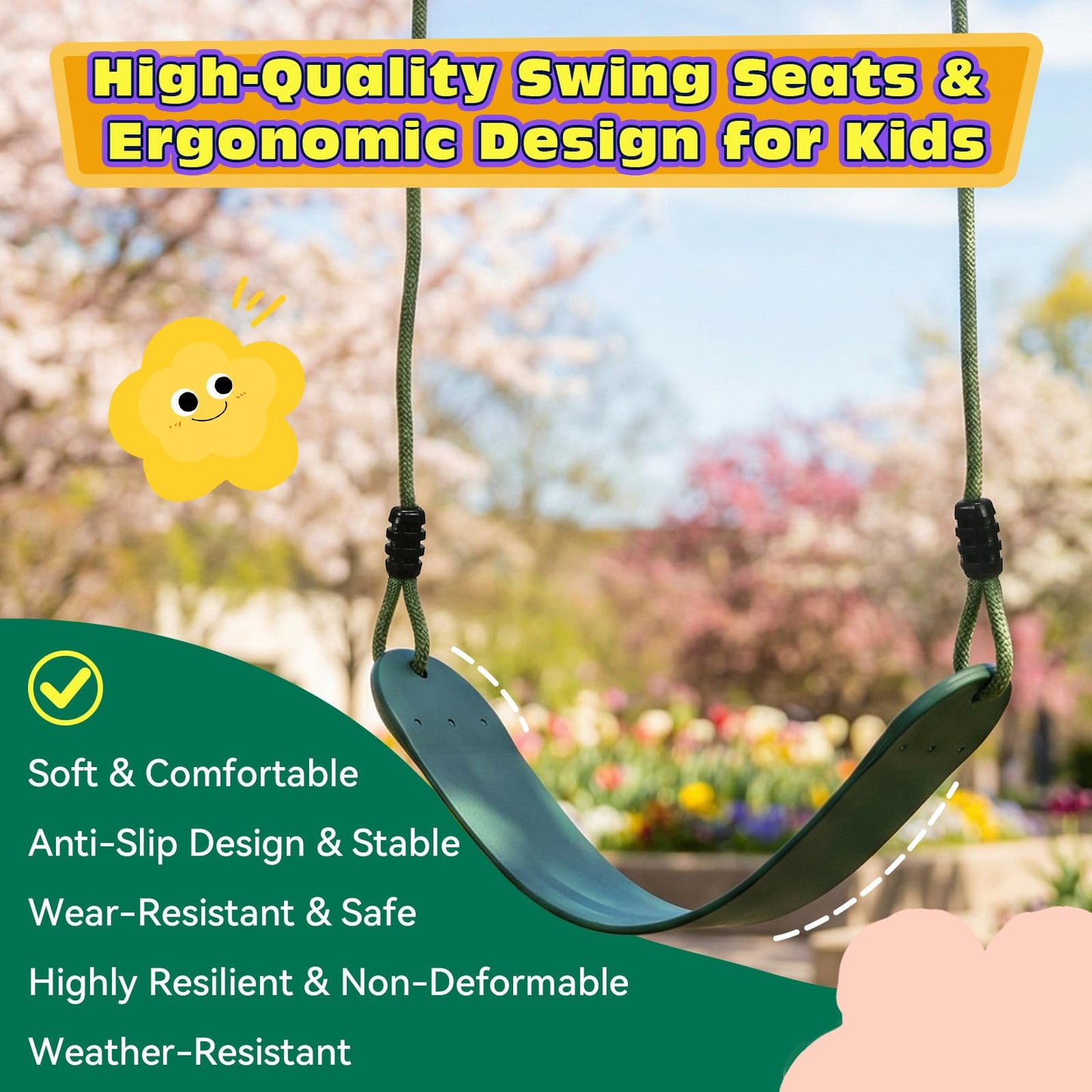 HeyZoo Heavy Duty Kids Swing Seat with 79" Adjustable Rope, 330 lbs Capacity Swing Set Accessories Replacement with 2 Carabiners and 2 Extra Hanging Straps, Outdoor Playground Gifts, Green 1 Pack