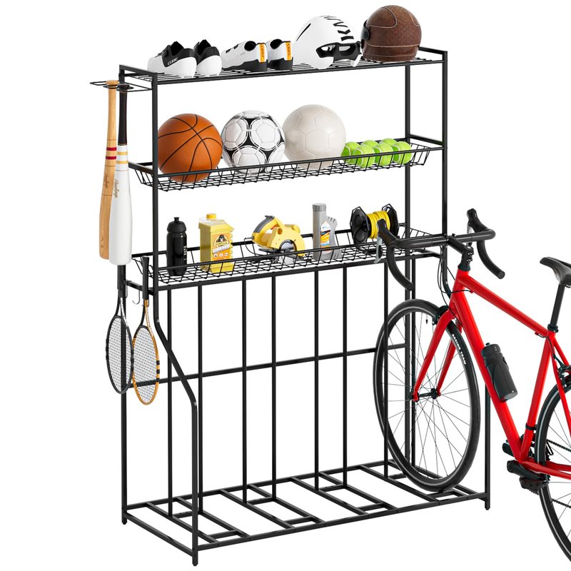 Kificet 4 Bike Stand, Bike Rack Garage with 3-Tier Storage Rack, Bicycle Stand for Garage Organizer, Indoor Sporting Gear Storage Station for Mountain/Road/Hybrid & Fat Tire Bike, Patent Pending