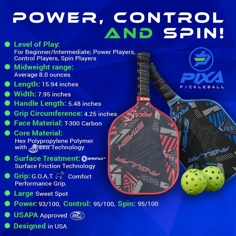 AngSmash T300 Carbon Fiber Pickleball Paddle – Grit-Textured Surface for Spin & Control, Polypropylene Honeycomb Core, Tennis-Length Handle, Lightweight, USAPA Approved – PIXA Pickleball
