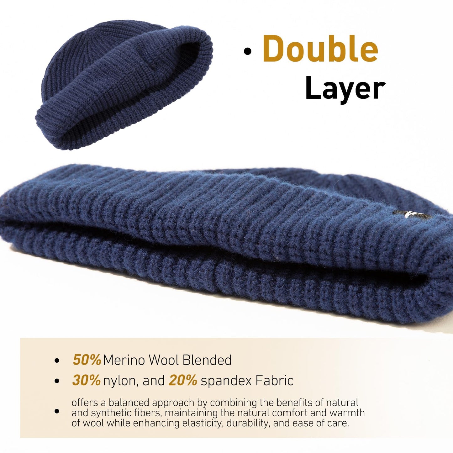 Oversize L/XL/XXL Merino Wool Blend Short Fisheman Beanie Lightweight Warm Hat for Cold Weather Winter (US, Alpha, XX-Large, Navy)