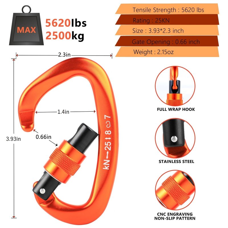 Climbing Locking Carabiner Clip Rappelling - Thorn 25KN Heavy Duty Large Screwgate Carabiners Clips for Rock Climbing,Mountaineer,Hammock,Camping,Gym,Orange Pack of 5