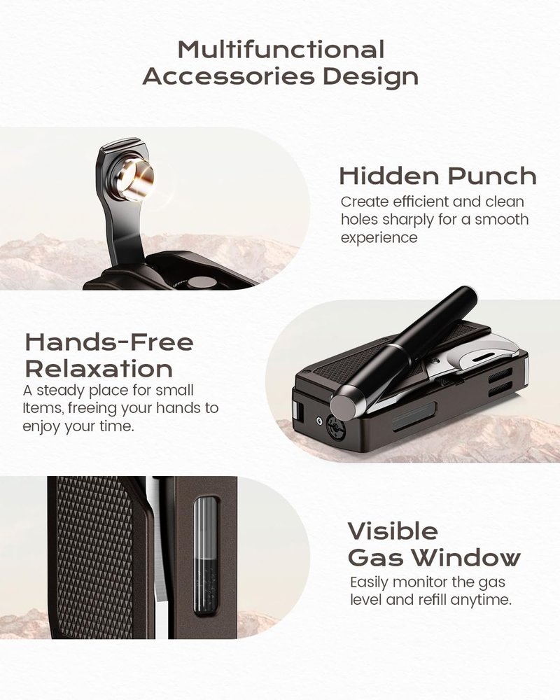 All-in-one Torch Lighter with Built-in Punch, Scissor-Shaped Cutter, Hidden Holder, and Adjustable 2 Jet Flame, Gifts for Men, Refillable Butane Lighter, Lighter with Multi-use Accessories for Travel