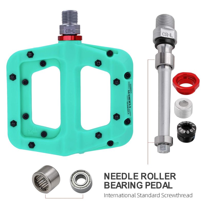 FOOKER MTB Pedals Mountain Bike Pedals 3 Bearing Non-Slip Lightweight Nylon Fiber Bicycle Platform Pedals for BMX MTB 9/16" (922-Green Needle Roller Bearing)