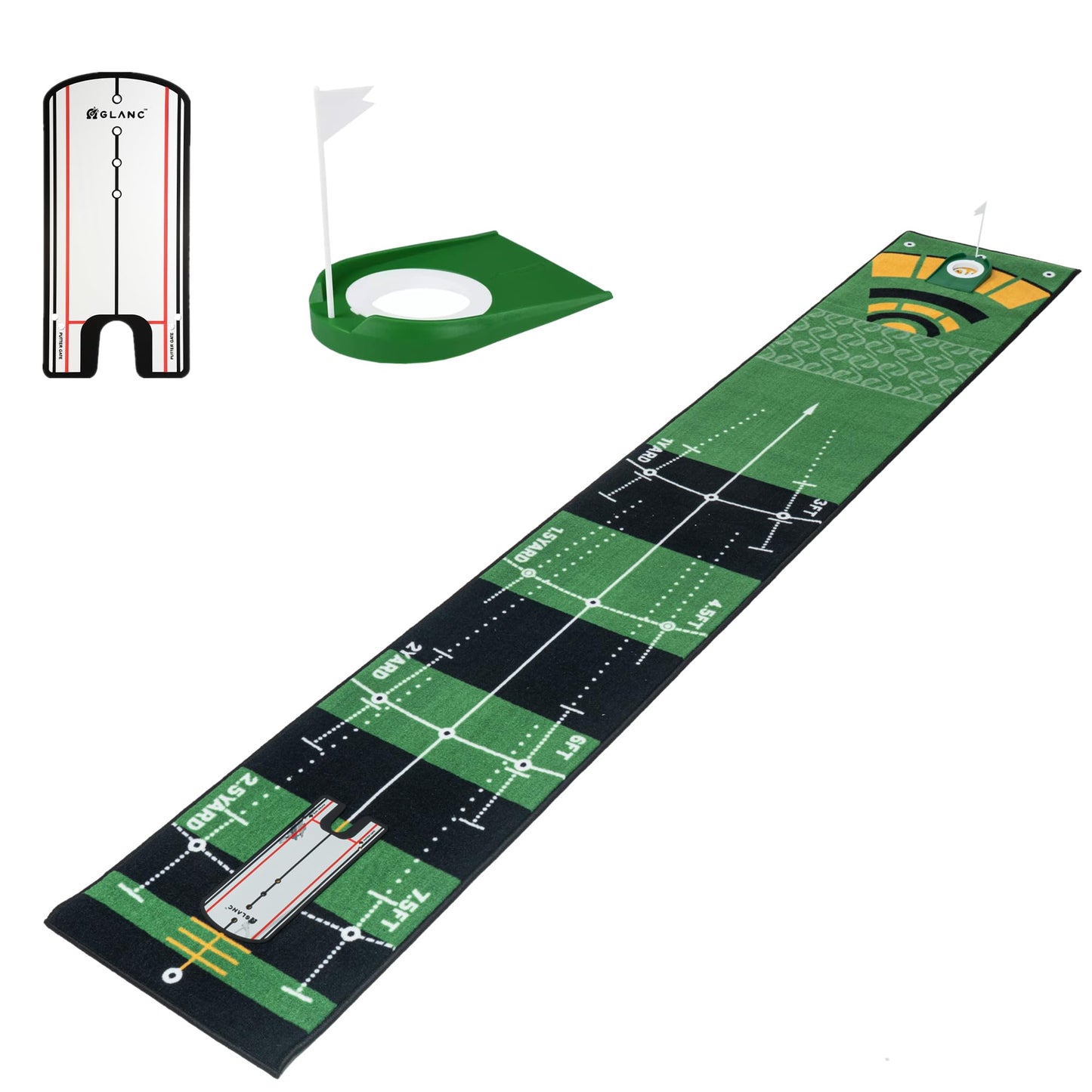 GLANC Golf Putting Practice Mat Set with Alignment Mirror & Cup, 20 in X 10 ft Training Aid Mat, Anti-Slip Backing Golf Putting Green for Indoor and Outdoor Use