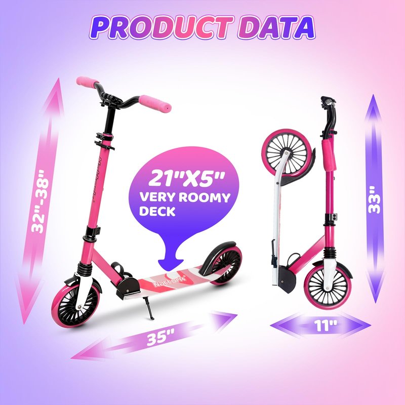 Nattork Kick Scooter for Teens Adults, Max Load 240 LBS, Adjustable Height Foldable with 8" Large Wheels, Anti-Shock Suspension Hot Pink