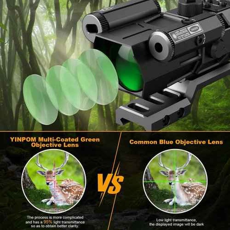 4X32 Prism Rifle Scope Optics Lightweight with Green/Red Laser 7 Level Red Illuminated Reticle Clear Green Lens Reticle 4X Magnification for 20mm Rail Mounts