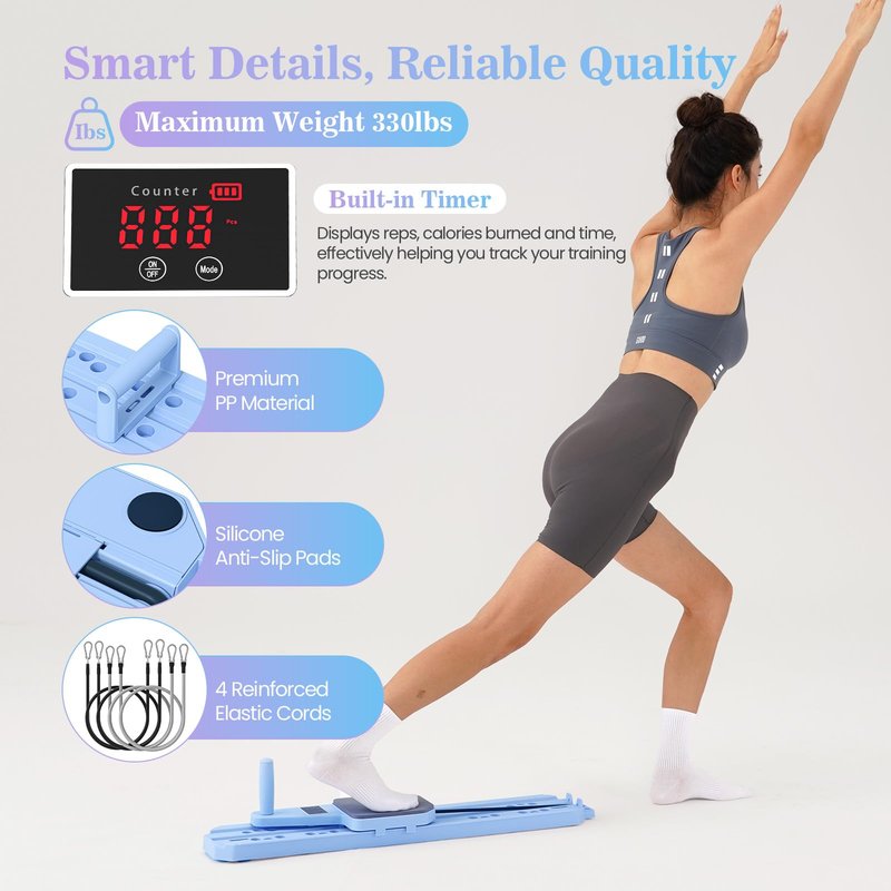 Nicoler Portable Pilates Reformer - Pilates Board 8-in-1 Multi-Functional Pilates Equipment with Workout Cards, 20lbs + 30lbs Resistance Bands, Ankle Straps for Home Workout, Fitness, Abs(Blue)