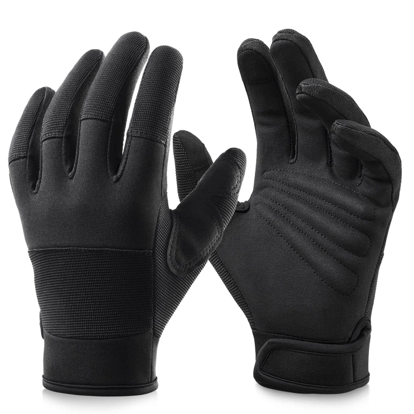 OZERO Medium Black Synthetic Leather Utility Gloves for Men and Women - Touch Screen Sensitive, Padded Knuckles, Adjustable Closure