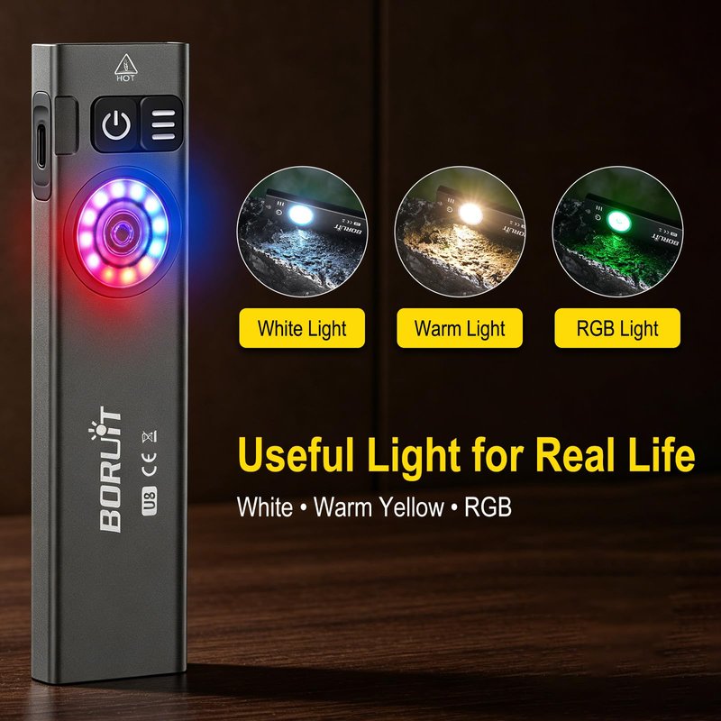 BORUIT U8 Small Flat EDC Flashlight, 650 Lumens USB-C Rechargeable Pocket Light with 100m Beam, White, Warm Yellow & RGB LEDs, IP67 Waterproof, Magnetic Tail & Clip for Camping, Work, Emergency