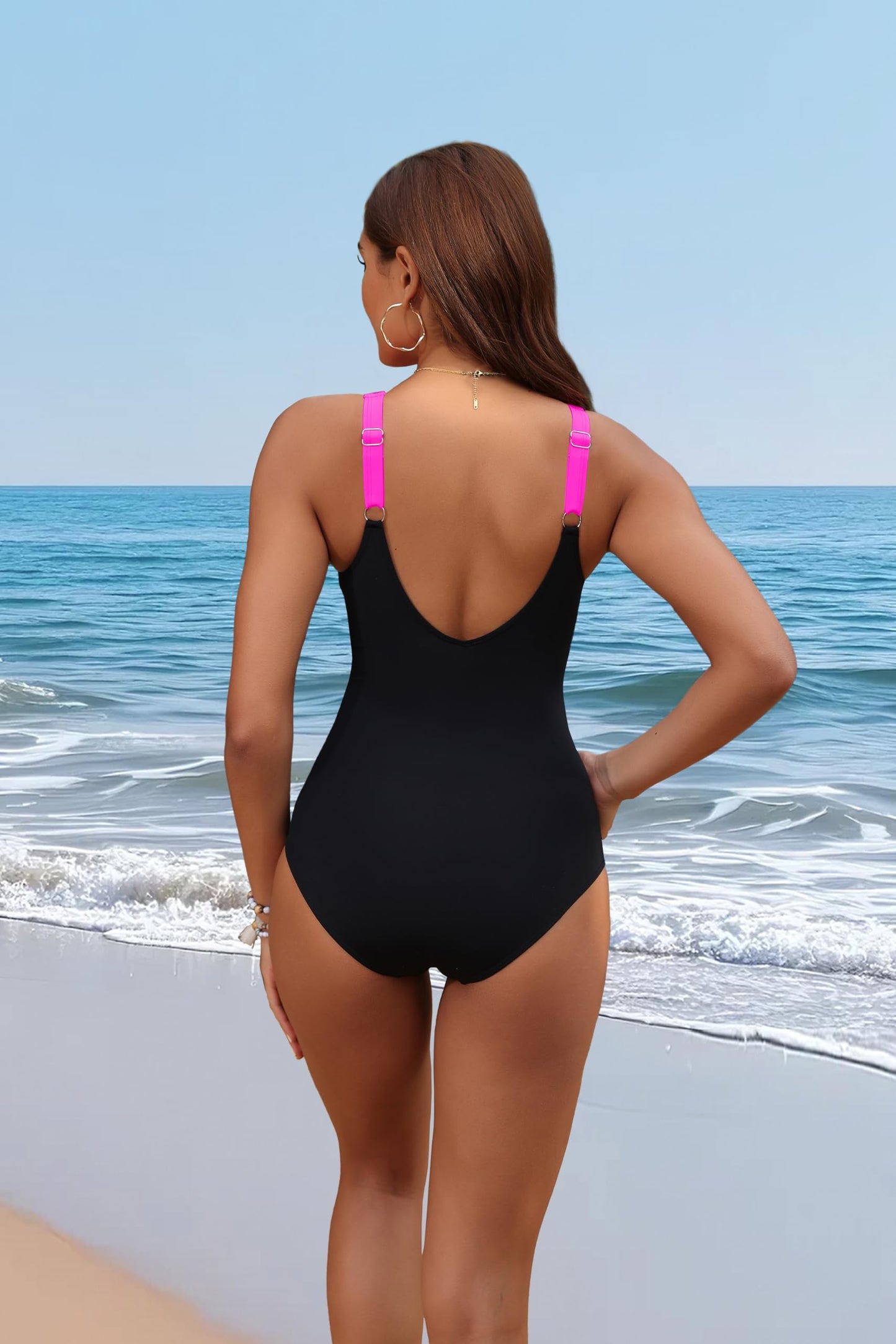 Holipick Hot Pink Black Women Tummy Control One Piece Swimsuit - Push Up Bathing Suit Full Coverage Slimming Swimwear XXL