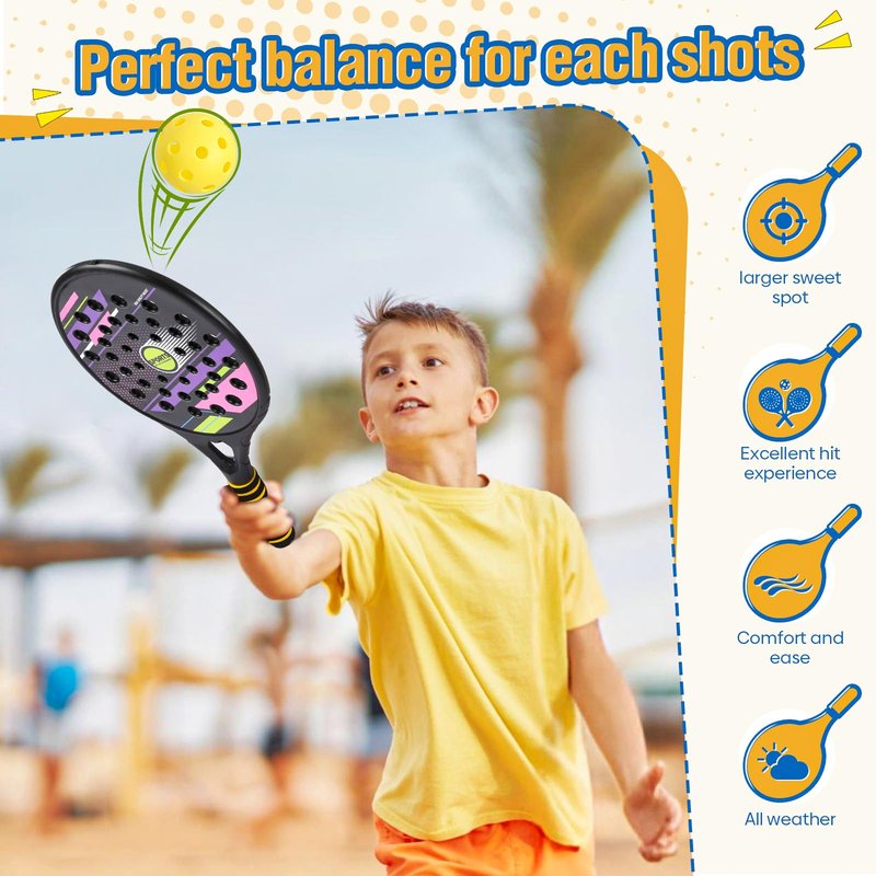 Kids Beach Pickle Ball Set - Waterproof Tennis Racket with Air Hole Beach Toys for Kids and Adults Family, 2 Set of Beach Tennis Paddle with 3 Pack Premium Pickleball Balls Gifts for Girls Boys
