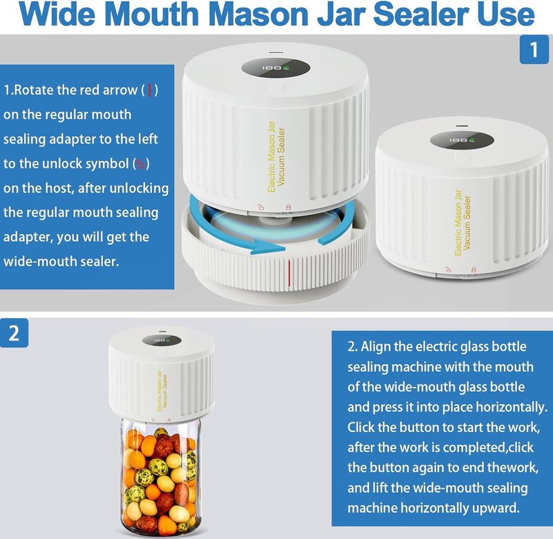 Electric Mason Jar Vacuum Sealer Kit - Fits Wide & Regular Mouth Jars | White
