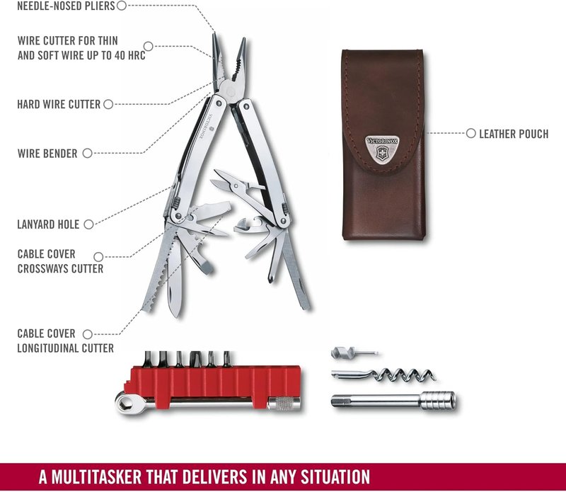 Victorinox Swiss Tool Spirit X Plus | 36-Function Swiss Army Multi-Tool with Needle-Nose Pliers & Leather Pouch - Silver
