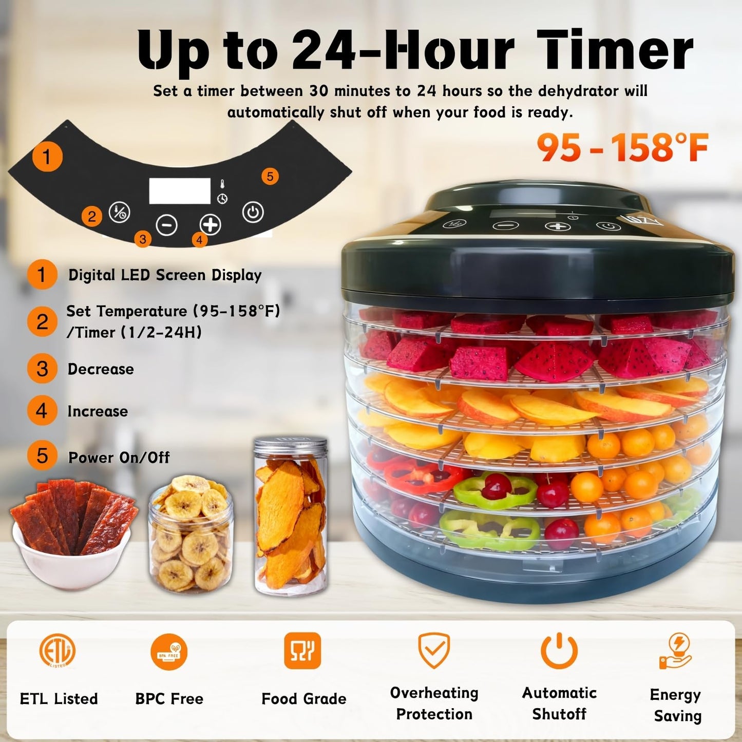 LSZY Food Dehydrator Machine for Mushroom,6 Trays Jerky Dehydrator Machine with 24H Timer, 600W 158°F Food Dryer Dehydrator for Meat, Herbs, Meat, Fruit,Dog Treats (Black)