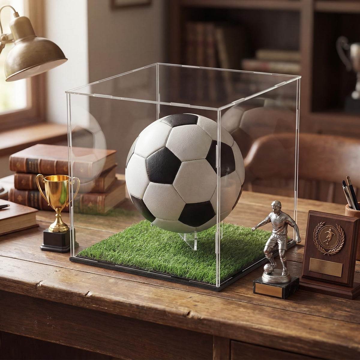 Novabright Soccer Ball Display Case Transparent Acrylic Full Size Soccer Ball Display Holder with Grass Turf Self Assembly Acrylic Case Protection Dustproof Showcase