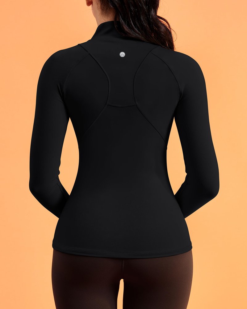 QUEENIEKE Workout Jackets for Woman Zip Up Long Sleeve Slim Fit Athletic Gym Tops Running Jacket with Thumb Holes (Black, Medium)