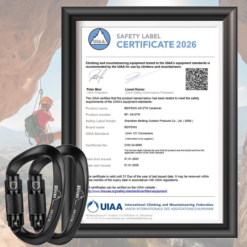 BEIFENG Auto Locking Climbing Carabiner, 25KN Black Twist Lock Heavy Duty Carabiner, UIAA Certified D-Type Large Suitable for Climbing, Rappelling, Rescue, Hammock, Swing etc